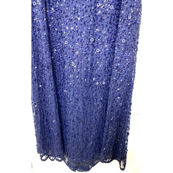 💙 ADRIANNA PAPPEL Navy Blue Sequin Embellished Beaded Gown w/ Train 0P Petite - Picture 6 of 7